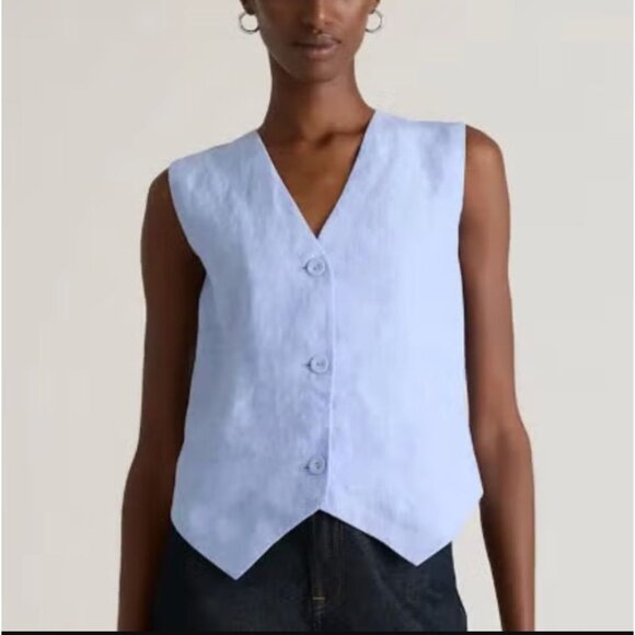 Quince Womens XL 100% European Linen Vest Blue Button Up Sleeveless Sustainable - Picture 1 of 11